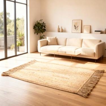 Imagem de FURNISHFUL FINESSE Tapete trançado de juta tecida à mão, tapete de área de entrada boho natural, reversível para cozinha, sala de estar, casa de fazenda, interior e exterior, tapete decorativo - (2 x