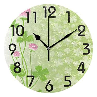 Imagem de Naanle Lindo relógio de parede redondo com estampa de folhas de trevo decorativo, quartzo operado por bateria, analógico, silencioso, relógio de mesa para casa, escritório, escola