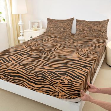 Imagem de Jogo de cama solteiro com estampa de tigre, pele de animal amarelo, para decoração de quarto de meninas, adolescentes, animais selvagens, microfibra macia, listras de tigres (1 lençol com elástico + 1