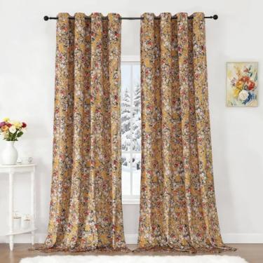 Imagem de Estelar Textiler Cortinas blackout de veludo amarelo mostarda 272 cm de comprimento para quarto, elegante estampa floral escurecimento térmico isolamento térmico cortinas com ilhós para sala de estar