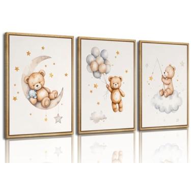 Imagem de 3 peças de arte de parede em tela de berçário de ursinho de pelúcia emoldurado urso dormindo na lua e estrelas decoração de parede imagens balão nuvem neutra impressões de pôster para quarto de bebê