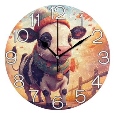 Imagem de GAIGEO Relógio de parede analógico decorativo quarto cozinha relógio redondo sem tique-taque silencioso, sala de estar decoração de parede moderna bonito vaca amarelo outono, 25 cm, ponteiros pretos