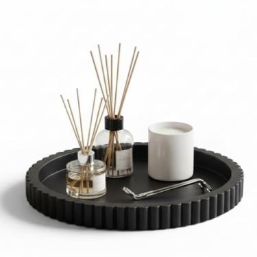 Imagem de Yalikop Bandeja decorativa oval de concreto para decoração de mesa de centro de centro de mesa preta moderna de 38 cm, bandeja otomana decorativa para servir decoração de casa, bandejas decorativas