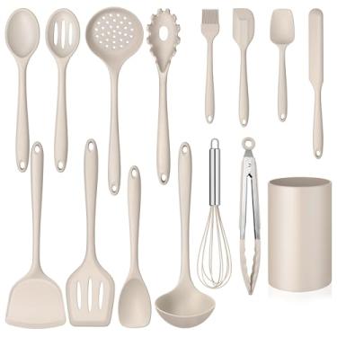 Imagem de Conjunto de utensílios de cozinha de 15 peças com suporte, utensílios de cozinha de silicone de grau alimentício resistente ao calor Homikit incluem espátula ranhurada para panelas antiaderentes