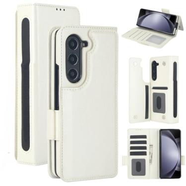 Imagem de Capa carteira para Samsung Galaxy Z Fold 7, 6 porta-cartões de crédito e S-Pen, [bloqueio RFID] Fecho magnético de couro dobrável com suporte, capa protetora resistente à prova de choque (branca)