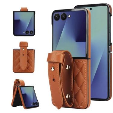 Imagem de Capa para Motorola Razr 50 Ultra, capa protetora dobrável de couro PU com alça de pulso ajustável, capa de telefone feminina feminina (marrom)