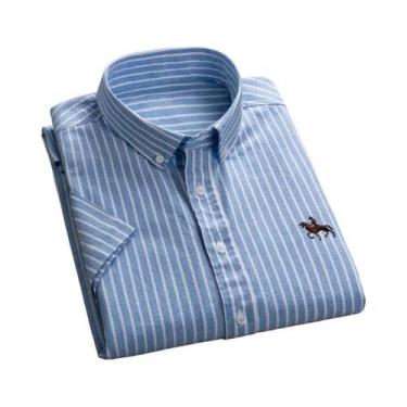 Imagem de Camisa Oxford Masculina De Manga Curta Em Algodão Puro Listrada Sólida