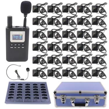 Imagem de LOUKIENE Sistema de guia turístico sem fio, microfone e alto-falante, fones de ouvido com guia turístico, 1 transmissor, 30 receptores, 1 carregador e 1 estojo de armazenamento, sistema de fones de