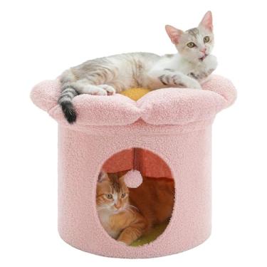 Imagem de PETEPELA Camas para gatos internos, casa de árvore pequena e fofa com cama removível para gatos, esconderijo para gatos, condomínio interno para gatos, acessórios para gatos, 50 x 50 x 40 cm, rosa