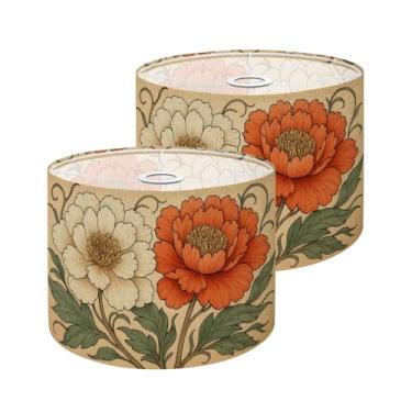 Imagem de Conjunto de 2 cúpulas de abajur, marrom, verde, laranja, peônia, floral, vintage, peônia, flores de peônia, abajur, abajur, substituição