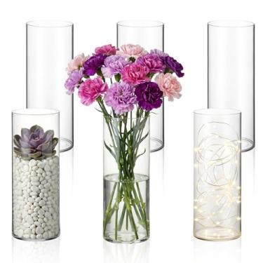 Imagem de Conjunto de 6 vasos cilíndricos de plástico de 30,5 cm - Vaso de flores de acrílico transparente para centros de mesa de casamento, decoração de casa, arranjos de mesa de festa com design resistente a