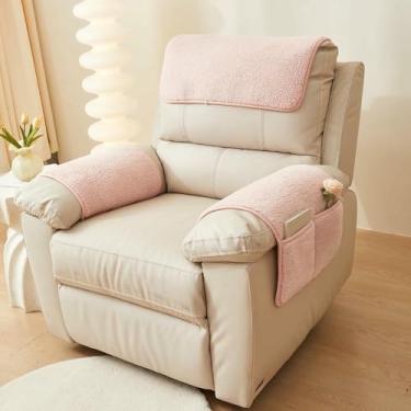 Imagem de Capas para braços de cadeiras com capas para encosto de cabeça para poltronas reclináveis ​​e bolsos de armazenamento. Capa antiderrapante para encosto de cabeça. Capa felpuda para sofá