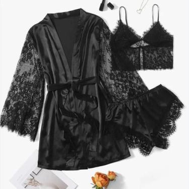 Imagem de Kimono De Seda Com Renda Preta, Conjunto De Lingerie Com Cinto E Robe 