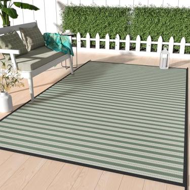Imagem de GENIMO Tapete externo para espaço livre de pátio, tapetes de palha de plástico reversível, leve e impermeável para trailer, para acampamento, varanda, deck, quintal, piquenique, verde branco