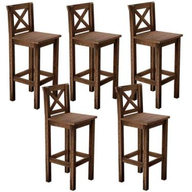 Imagem de Kit 5 Banquetas Alta Arizona Com Encosto e Base Fixa de Madeira Maciça