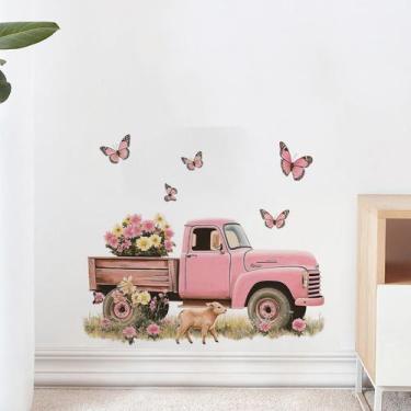 Imagem de Adesivos de parede Caminhão rosa com flores e borboletas 30x40cm - yiw