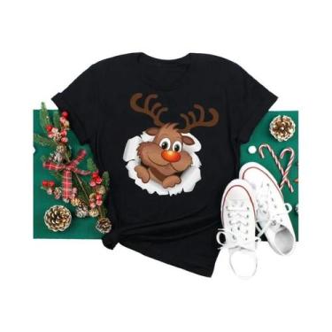 Imagem de Camiseta Feminina De Natal Com Estampa De Rena E Papai Noel, Gola O, E