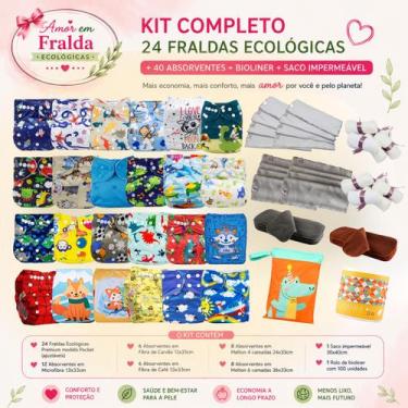 Imagem de Kit Completo 24 Fraldas Ecológicas Premium  40 Absorventes Alta Absorç