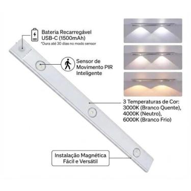 Imagem de Luminária led sensor de presença recarregável slim 3 tons de luz armár