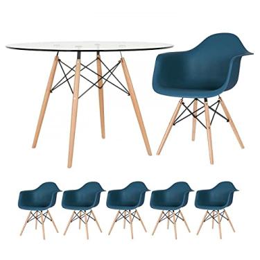 Imagem de Loft7, KIT - Mesa Eames com tampo de vidro 120 cm + 5 cadeiras Eiffel DAW Azul petróleo