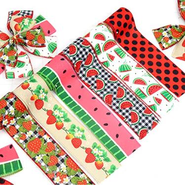 Imagem de 2.5" Watermelon and Strawberry Ribbon,Summer Craft Wire Edged Ribbon,Checks,Polka Dots,Watermelon Slices,Strawberries and Flowers Faux Linen Ribbons for Floral Arrangements, Packages and Home Decor.