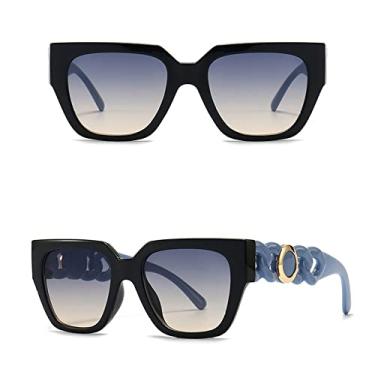 Imagem de Óculos de sol de corrente quadrada chique clássico gradiente preto luxo moldura grande senhoras óculos de sol retrô óculos de sol para mulheres uv, pernas azuis pretas, tamanho único