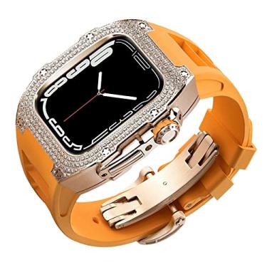 Imagem de SULUET Rm mod kit capa de diamante e pulseira fluororubber para Apple Watch Series 8 7 6 5 4 se, pulseira de borracha de flúor capa de strass para iwatch 45mm 44mm (cor: laranja, tamanho: