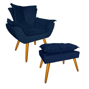 Imagem de Kit Com 1 Poltrona e 1 Puff Para Quarto Sala Salão Apolo Suede Azul Marinho - LM DECOR