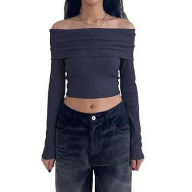 Imagem de Verdusa Camiseta feminina com ombros de fora, manga comprida, canelada, justa, justa, Azul marinho, G