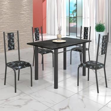 Imagem de Conjunto Sala de Jantar Bahia Mesa Tubo 120x75cm Tampo Pedra Ardósia Indiana com 4 Cadeiras Preto Floral/prata