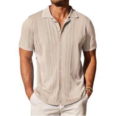 Imagem de COOFANDY Camisa polo masculina de malha com botões vintage de manga curta casual para praia, Caqui, 3G
