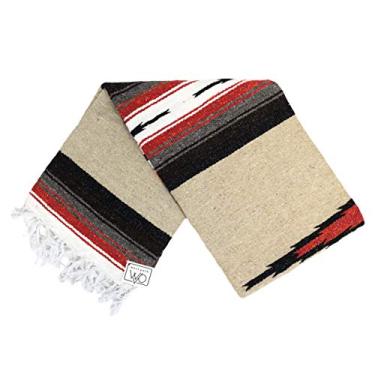Imagem de Cobertor de yoga mexicano marrom Open Road Goods – Serape de diamante Navajo grosso com listras, Tan With Orange