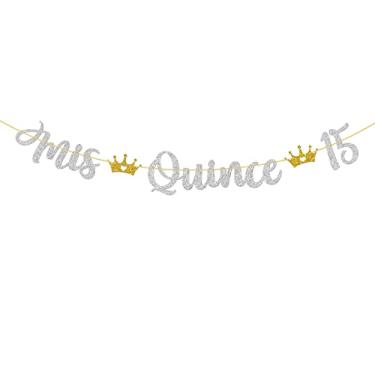 Imagem de WeBenison Faixa Mis Quince 15 / Faixa de aniversário de 15 anos/Sinal de Mis Quince Años/Suprimentos de decoração de festa de aniversário de 15 anos de adolescente - Glitter prateado