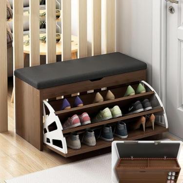 Imagem de Rack de banco de sapatos para entrada, banco de armazenamento, entrada industrial com armazenamento, espaço flip top e almofada acolchoada, corredor organizador de madeira de 3 camadas, sala