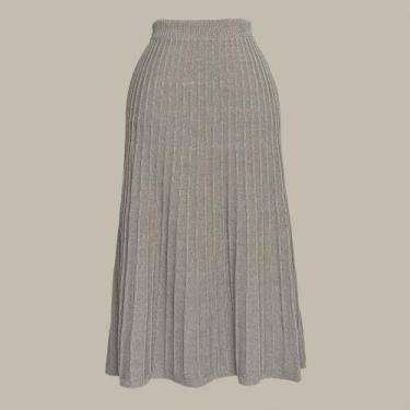 Imagem de Saia Plissada Midi Tricot Feminina - Michele Tricot, G, Bege colosso