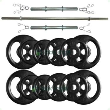 Imagem de Kit 40 Kg de Anilhas Ferro + 2 Barras Maciças Zincada 40cm e Barra de 