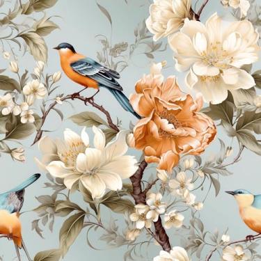 Imagem de VEELIKE Papel de parede vintage de pássaro, papel de parede floral azul para paredes de armários 40 x 900 cm, mural de parede de pássaro removível autoadesivo para locatários, quarto, banheiro