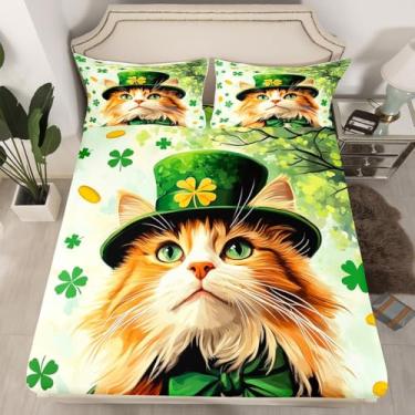 Imagem de Homewish Lençol solteiro de gato fofo, kawaii, animal de estimação, trevo verde, folhas de colchão, para quarto, tema do dia de São Patrício, capa de cama de poliéster (sem lençol de cima), 1 lençol