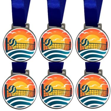 Imagem de Kit 100 Medalhas de Metal Personalizadas, 50mm, Com Fita Azul de Cetim, Adesivada em UV, Prateado (Vôlei)