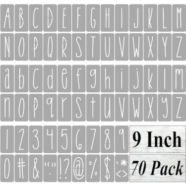 Imagem de Estênceis de letras do alfabeto de 23 cm para pintura – Pacote com 70 modelos de estêncil de letras e números com placas para pintura em madeira, estênceis reutilizáveis de letras finas para quadro-negro e arte de parede