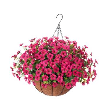 Imagem de WeiLaiKeQi Cesta de flores artificiais suspensa, arranjo de flores para plantas suspensas, cesta de revestimento de para gramado, quintal, Rosa