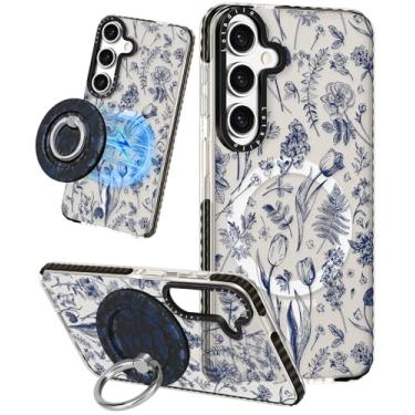 Imagem de Lotadilo Linda capa para Samsung Galaxy S25 para mulheres e meninas - Design engraçado de flores de linha azul compatível com suporte magnético Magsafe com suporte de anel magnético da moda TPU capas