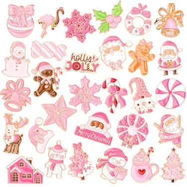 Imagem de SANNIX 60 peças de alfinetes de Natal rosa, alfinetes de lapela de Natal para lembrancinhas de festa, broche de Natal, crachá de floco de neve para presente de férias, bolsas, chapéus, acessórios, 30
