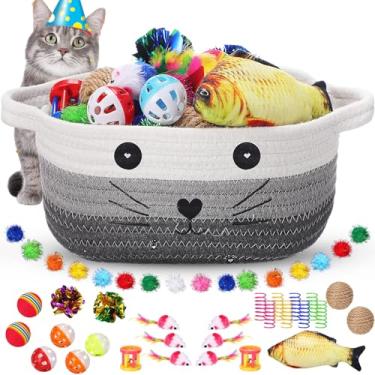 Imagem de Zopeal Conjunto de 58 peças de cesta de armazenamento para gatos, bolas coloridas piscando, bolas enrugadas, brinquedos de mola para gatos atraem gatos para golpar, morder, caçar, brinquedos