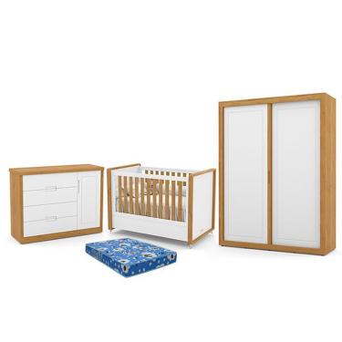 Imagem de Dormitório Tutto New 2 Portas, Cômoda 1 Porta, Berço Branco Soft-freijó Com Colchão - Matic Móveis Branco Soft-freijó