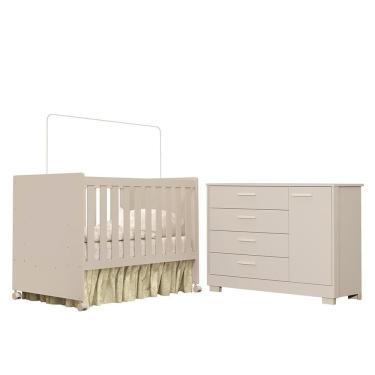 Imagem de Conjunto de Quarto Infantil Zaki Cômoda 1 Porta 4 Gavetas e Berço Katatau MDF 133cm Bege Reller Móveis