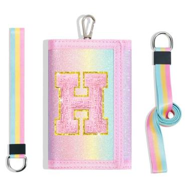 Imagem de cotmcor Carteiras infantis para meninas, adolescentes, 6-8, 8-10 anos, linda bolsa infantil com inicial de rebanho, bolso para moedas, glitter, arco-íris, carteira transversal para presentes de
