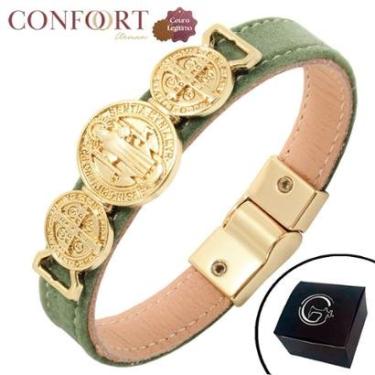 Imagem de Pulseira de Couro Bracelete Bento Fecho Magnético Dourado Verde Preto-Unissex