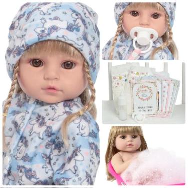 Imagem de Boneca Reborn Loira 100% Silicone Pijama Unicórnio e Itens - Cegonha R