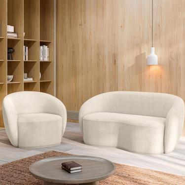 Imagem de Conjunto 1 Sofá Living 160cm e 1 Poltrona Decorativa Sala de Estar Íbis Encosto Fixo Bouclê Off White G33 - Gran Belo